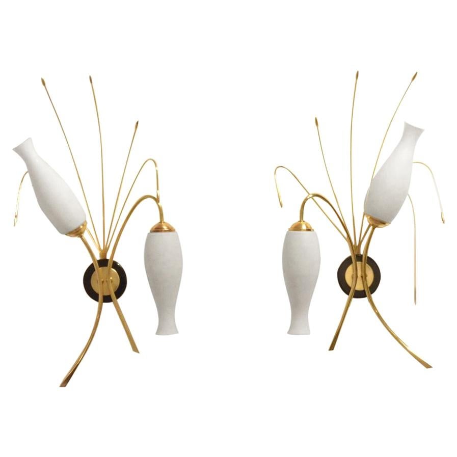 Pair of French Midcentury Design Sconces with Organic Brass and Glass For Sale