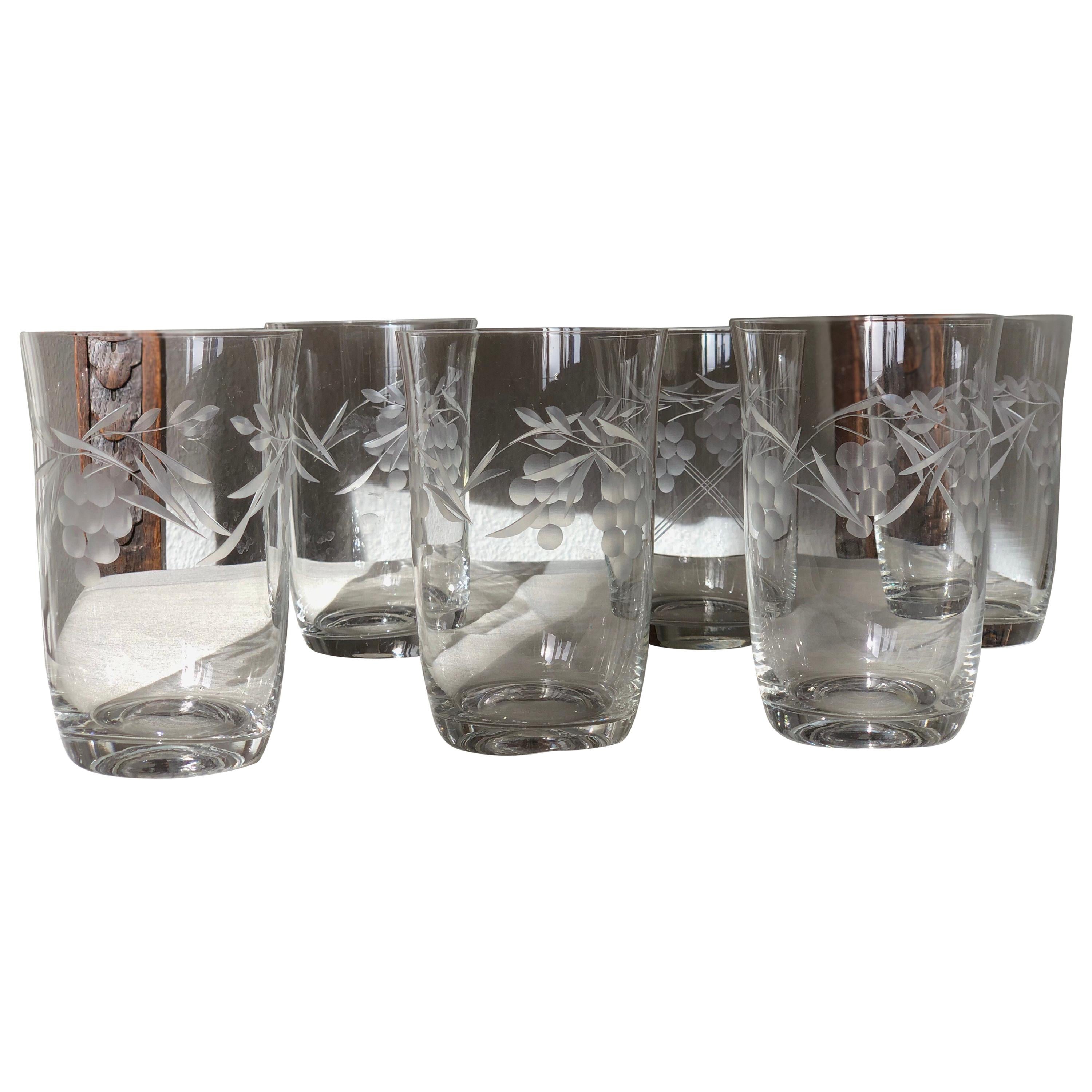 Six Stunning Engraved Grape Victorian Etched Tumbler or Goblets SALE 