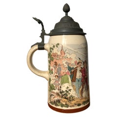 Beer Stein Stoneware 1/2 Liter Mug Original Pewter Hinge Dancing Drinking Scene