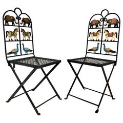 Vintage French Foldable Pair of Wrought Iron Garden Chairs with Animals Elephants Horse