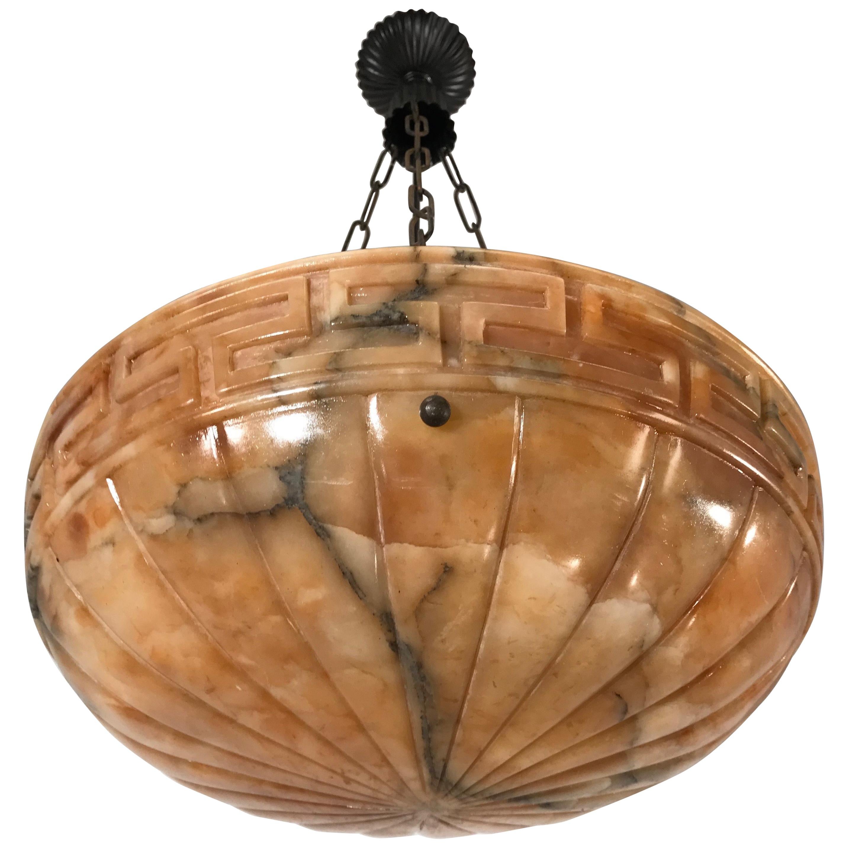 Good Size Neoclassical Early 1900s Alabaster Pendant Light Fixture / Chandelier