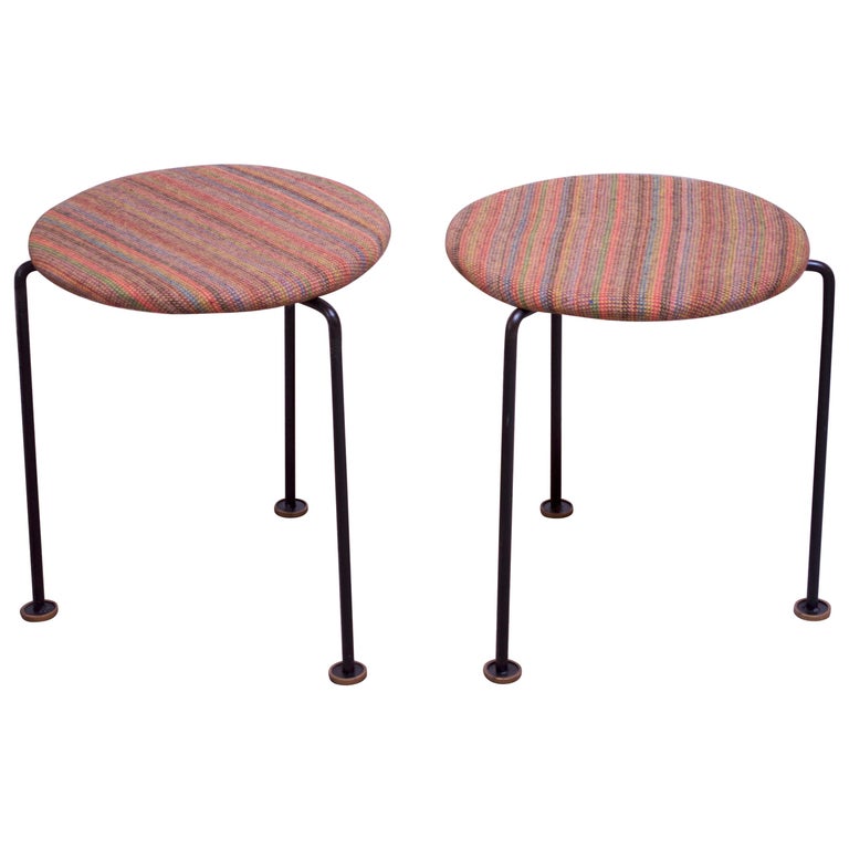 Pair of MidCentury Modern ThreeLegged Wrought Iron Low Stools at 1stDibs