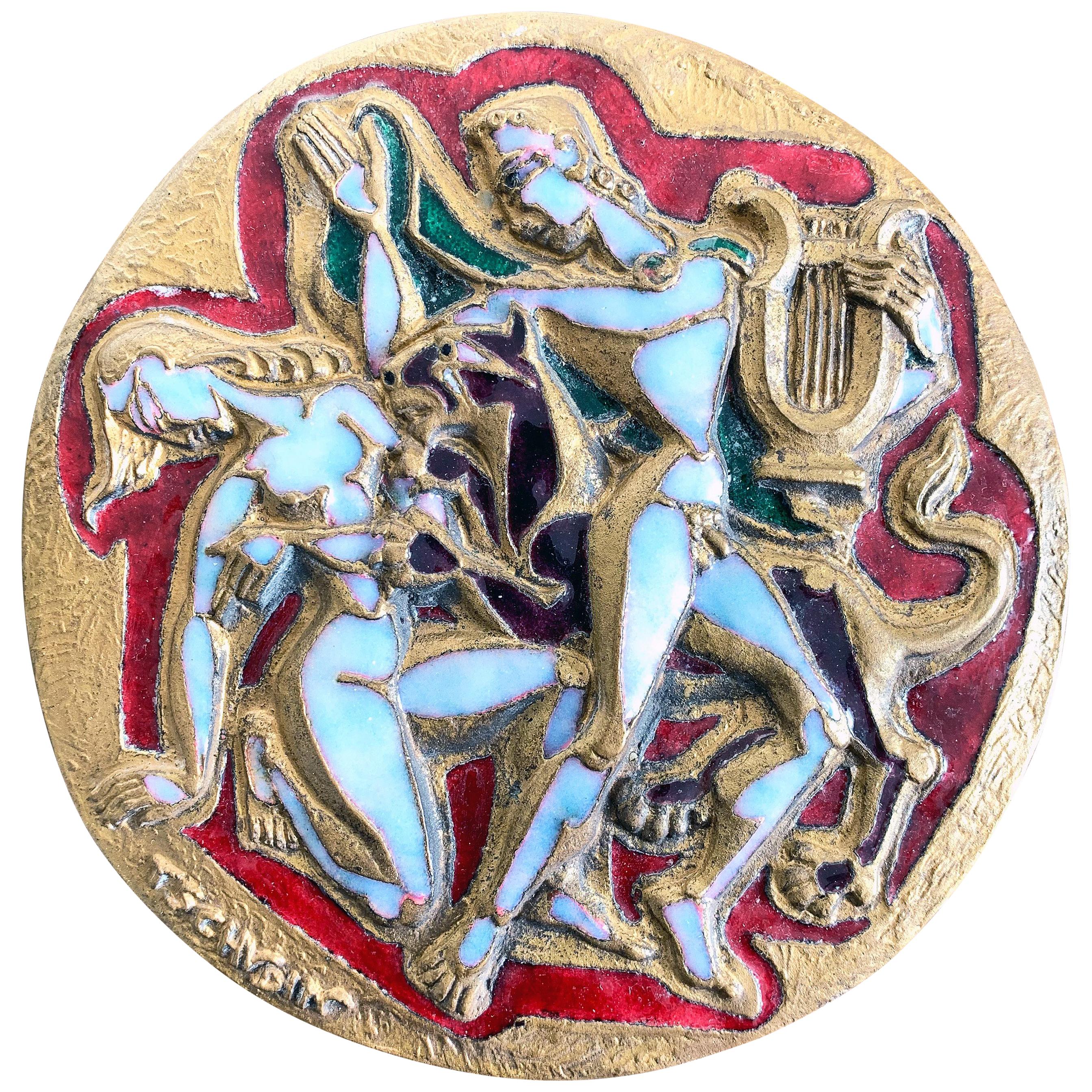 Emaillierter Bronzerondel "Eurydice und Orpheus" aus der Mitte des Jahrhunderts mit Akten, Frankreich