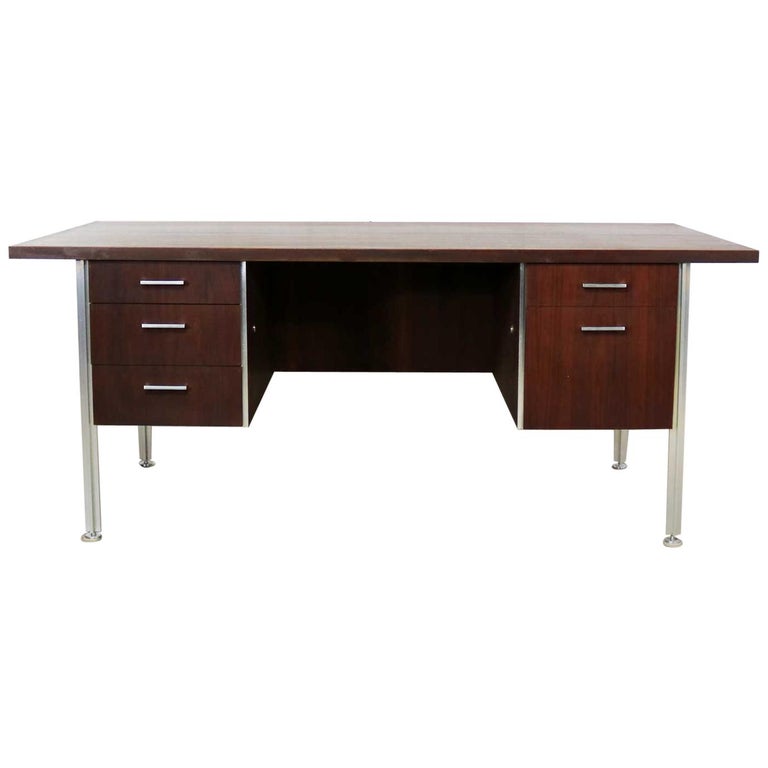 Mid Century Modern Walnut Executive Desk With Aluminum Legs