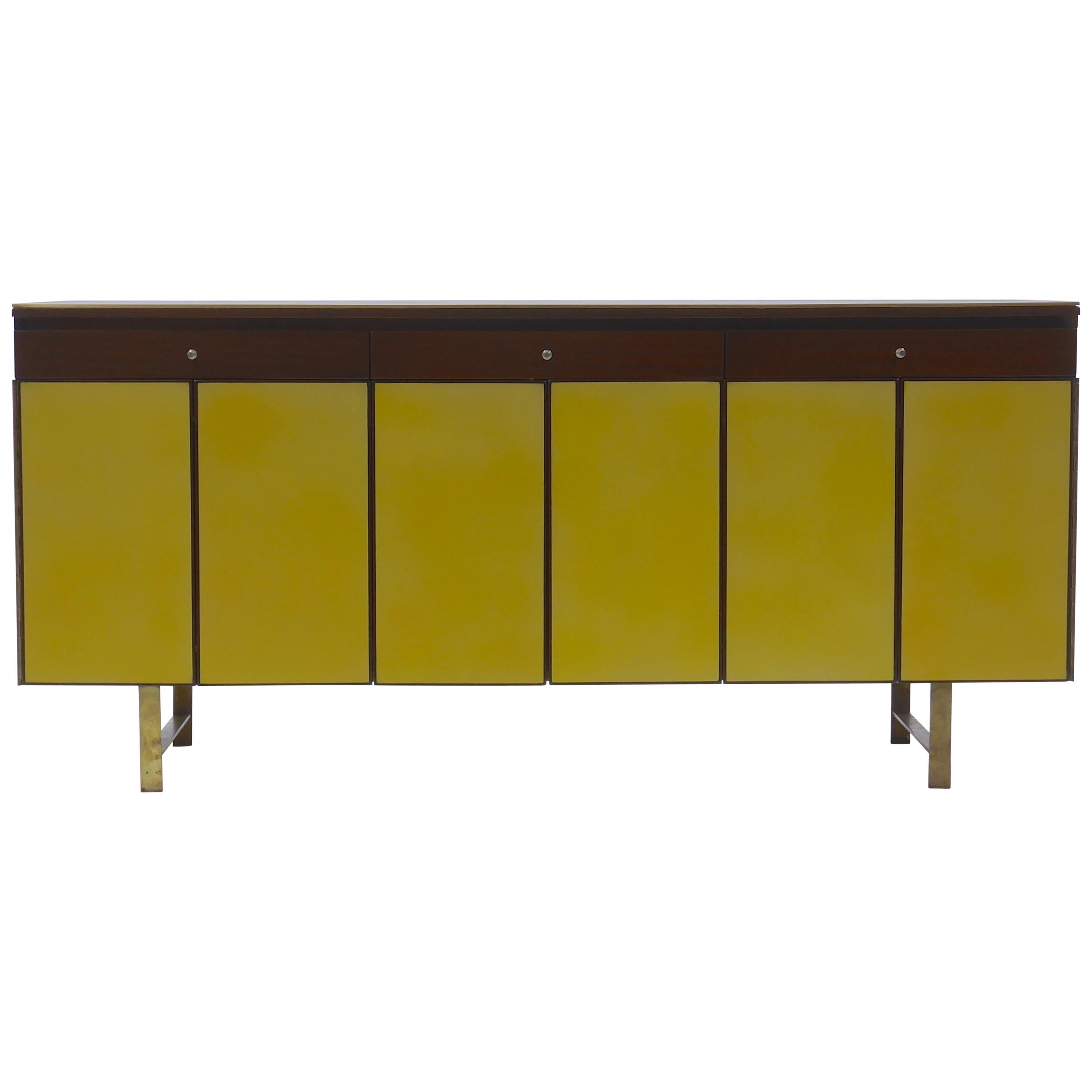 Credenza in Yellow leather and Mahogany by Paul McCobb for Calvin For Sale