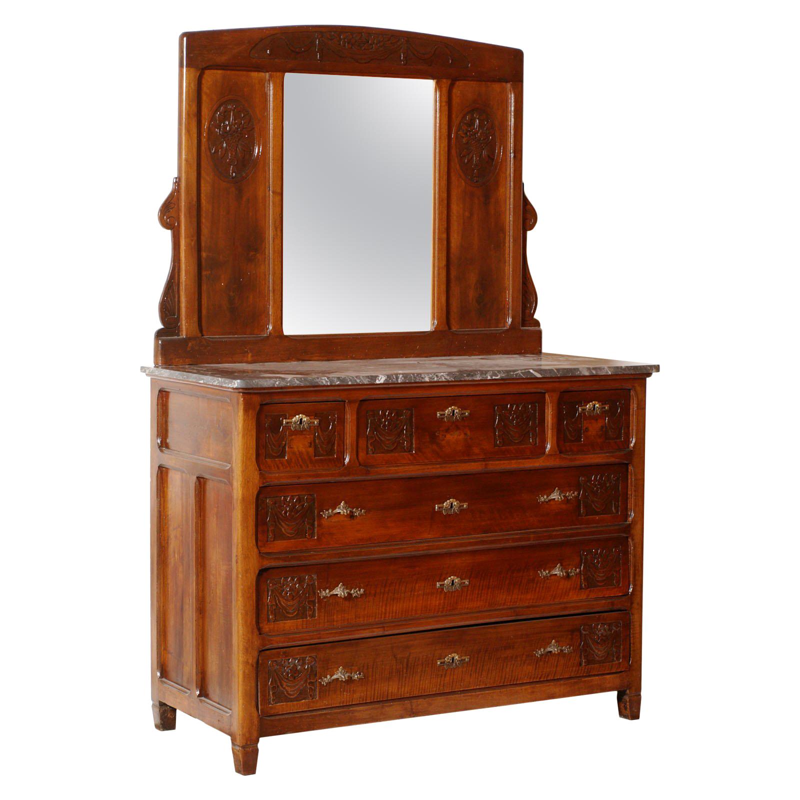 Art Nouveau Chest of Drawers with Marble Top, Italy, circa 1900, Beveled Mirror For Sale