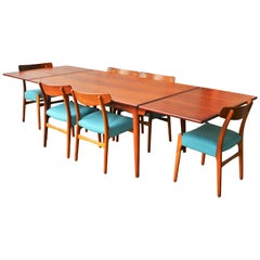 Hans Wegner Teak 312 Dining Table & 6 Teak & Oak CH23 Dining Chairs in Blue Wool