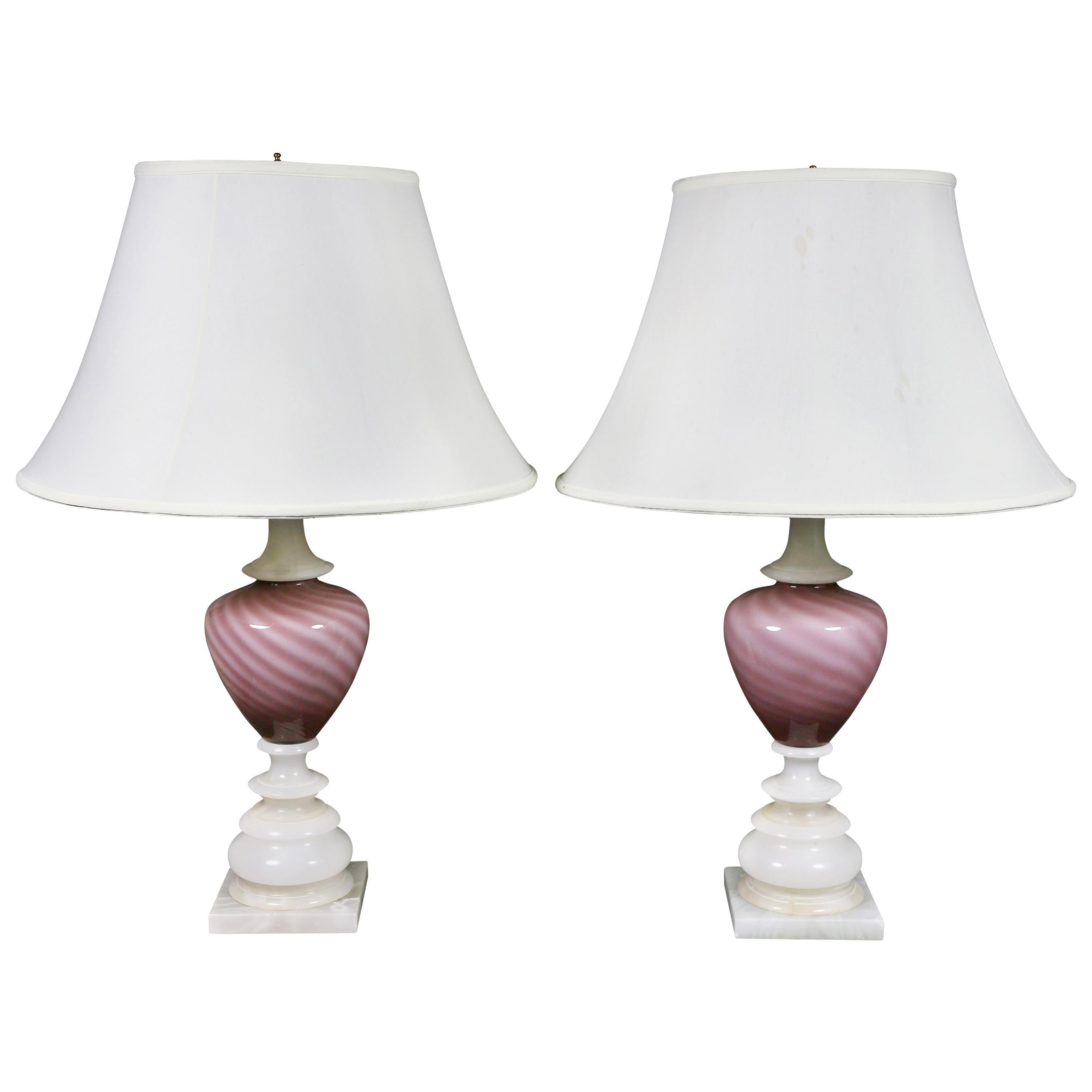 Pair of Alabaster and Opaline Glass Table Lamps For Sale
