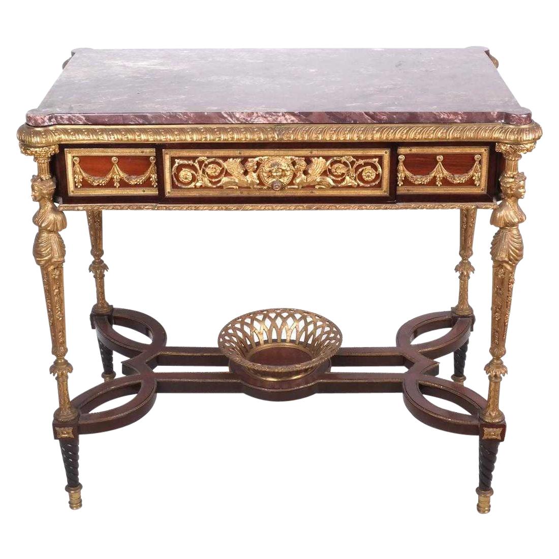 Louis XVI Style Bronze Center Table Desk in Adam Weisweiler Manner with Marble