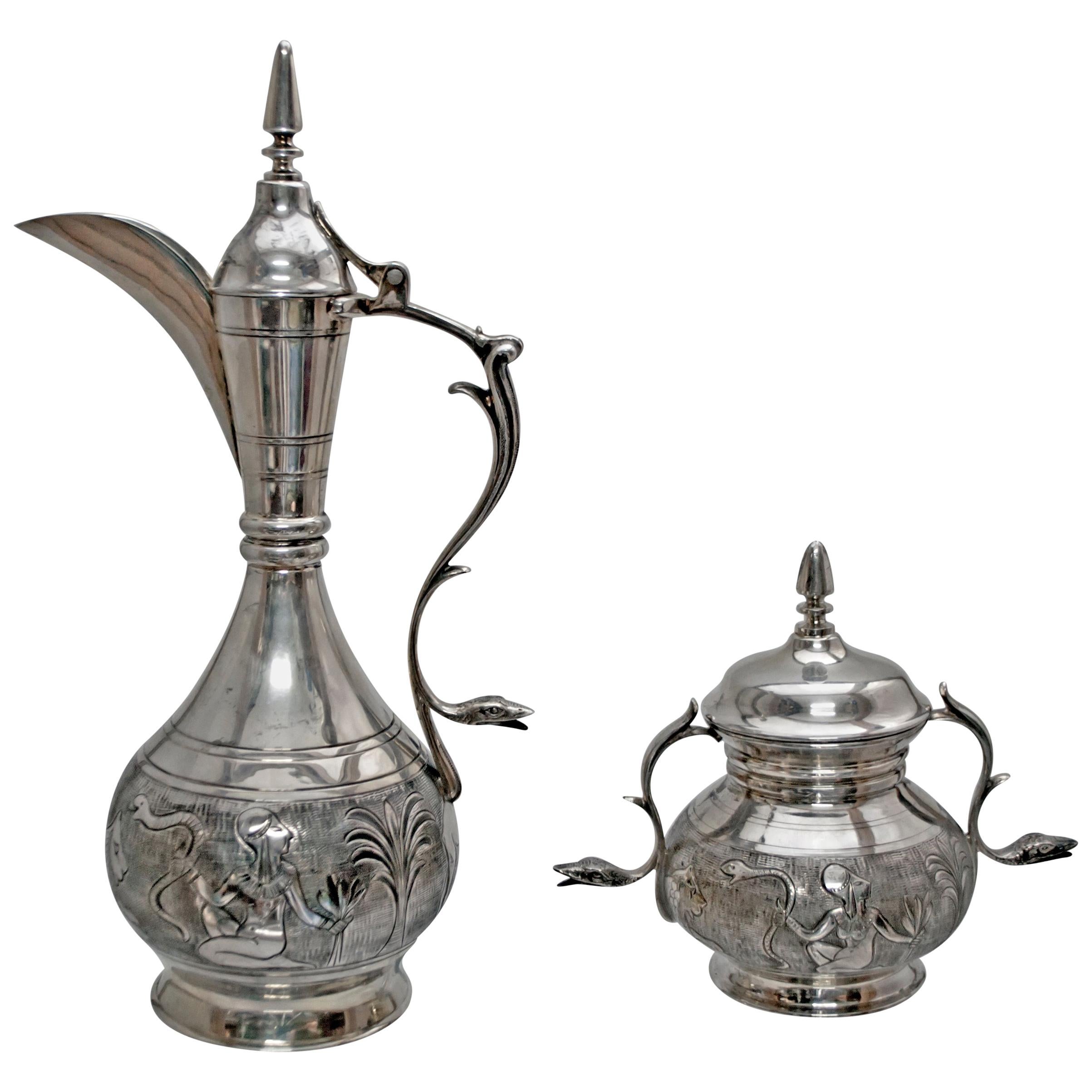 Castaudi & Gautero Imperial Silver Italian Tea Set with Egyptian Details, 1940s