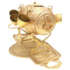 Brass Barrel on Stand, Serving Tray Beverage Drink Cup Set Vintage