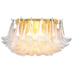 1970 Italy Mazzega Flush Mount Ceiling Light Murano Glass Petals & Gilt-Brass