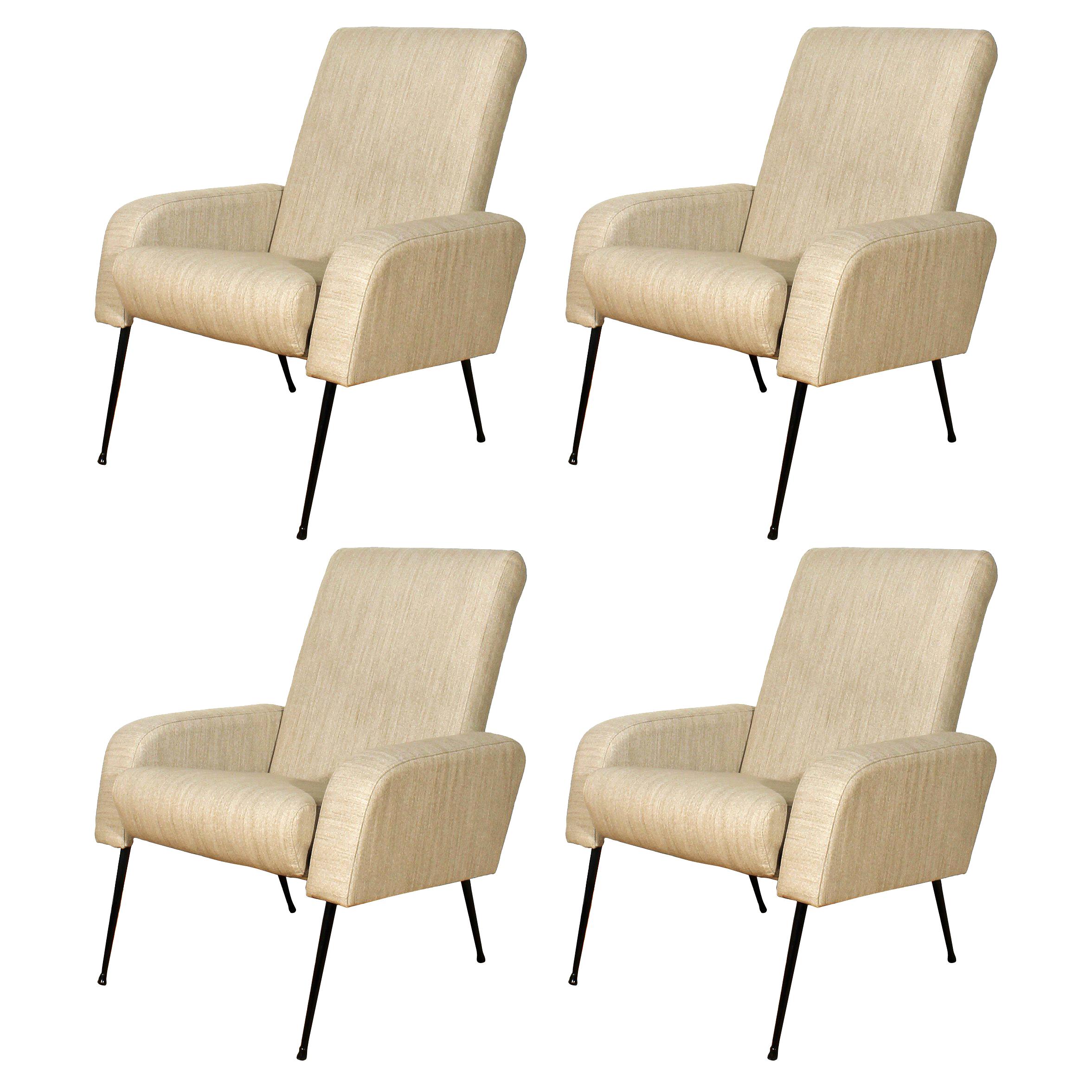 Satz von vier Sesseln im Mid-Century-Modern-Stil mit Fischgrätenmuster – Frankreich