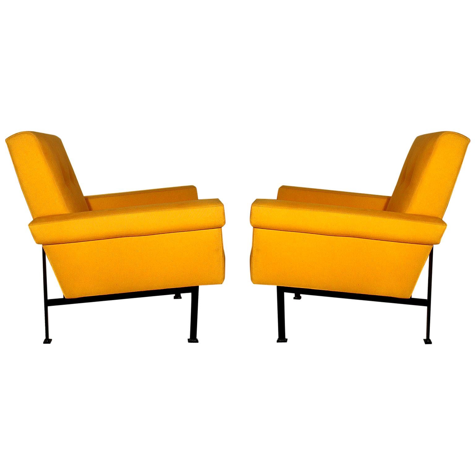 1960s Pair of Cubist Armchairs, Wrought Iron, Yellow Cotton Upholstery, Italy