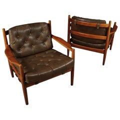 Midcentury Pair of Leather Lounge Chairs from Sweden, circa 1970