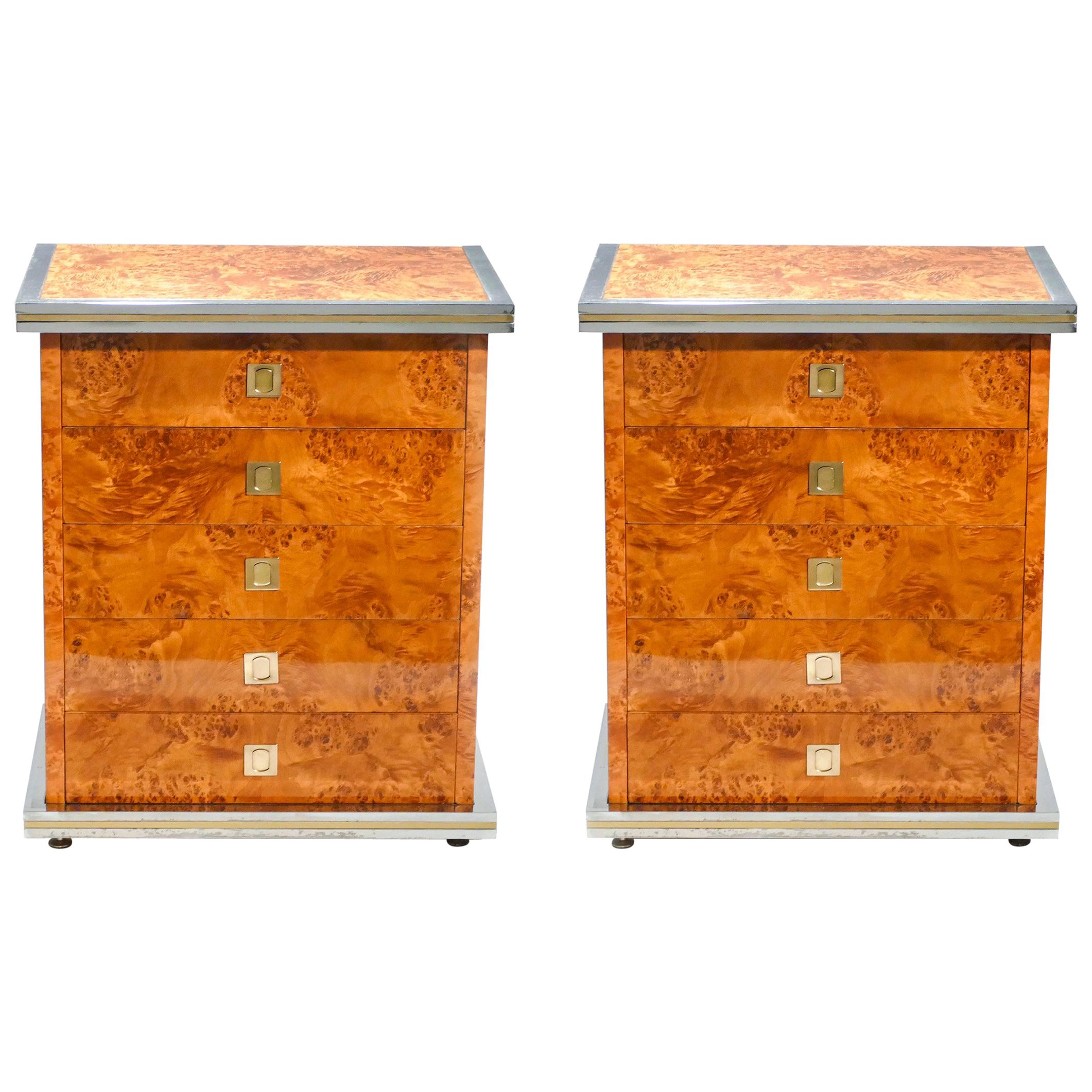 Italian Pair of Willy Rizzo Burl Brass and Chrome Chests of Drawers, 1970s