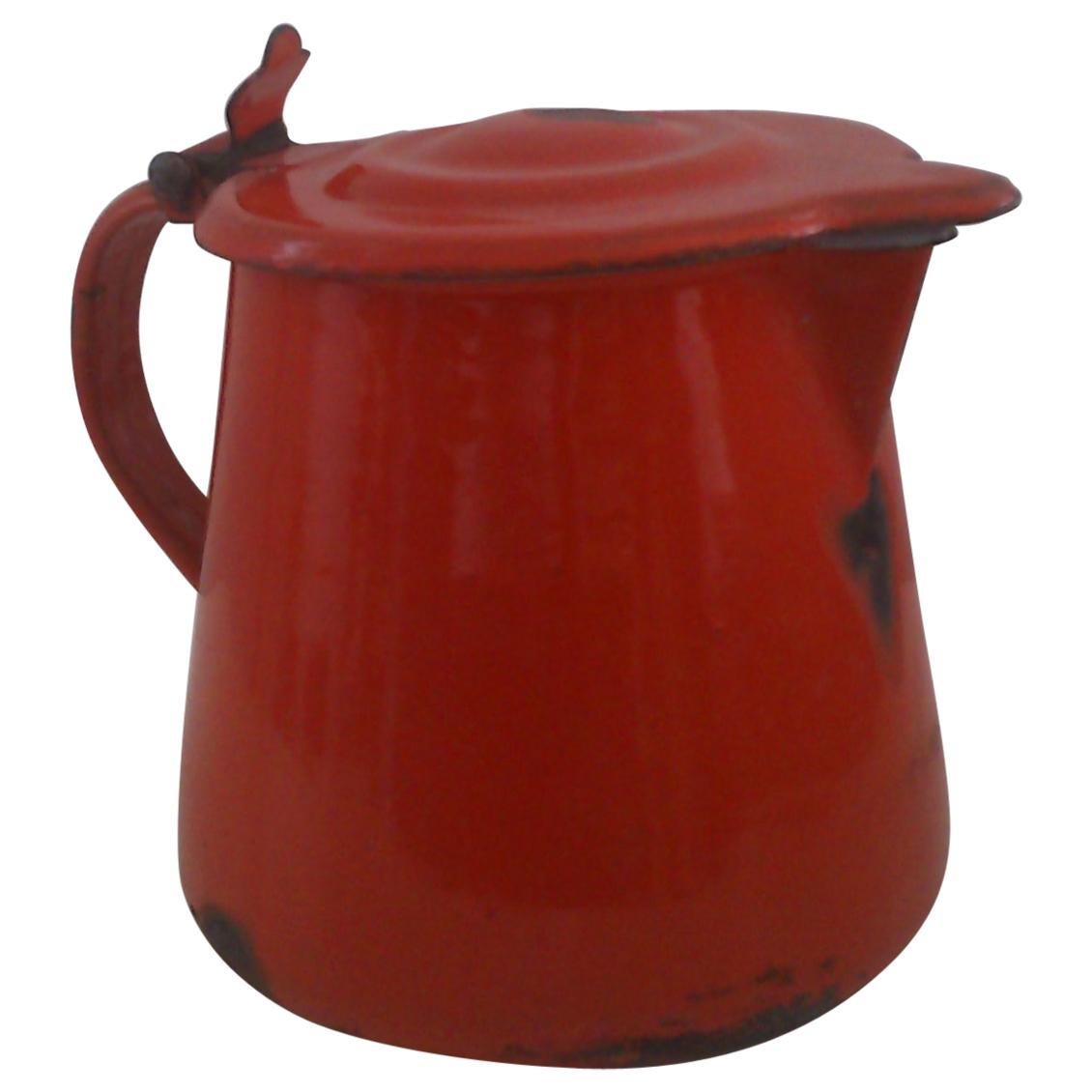 Vintage Enamel Pitcher with Lid, circa 1950s For Sale