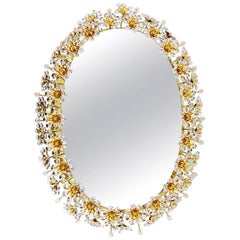 Beautiful Oval Backlit Mirror with Crystal Flowers by Palwa, circa 1960s