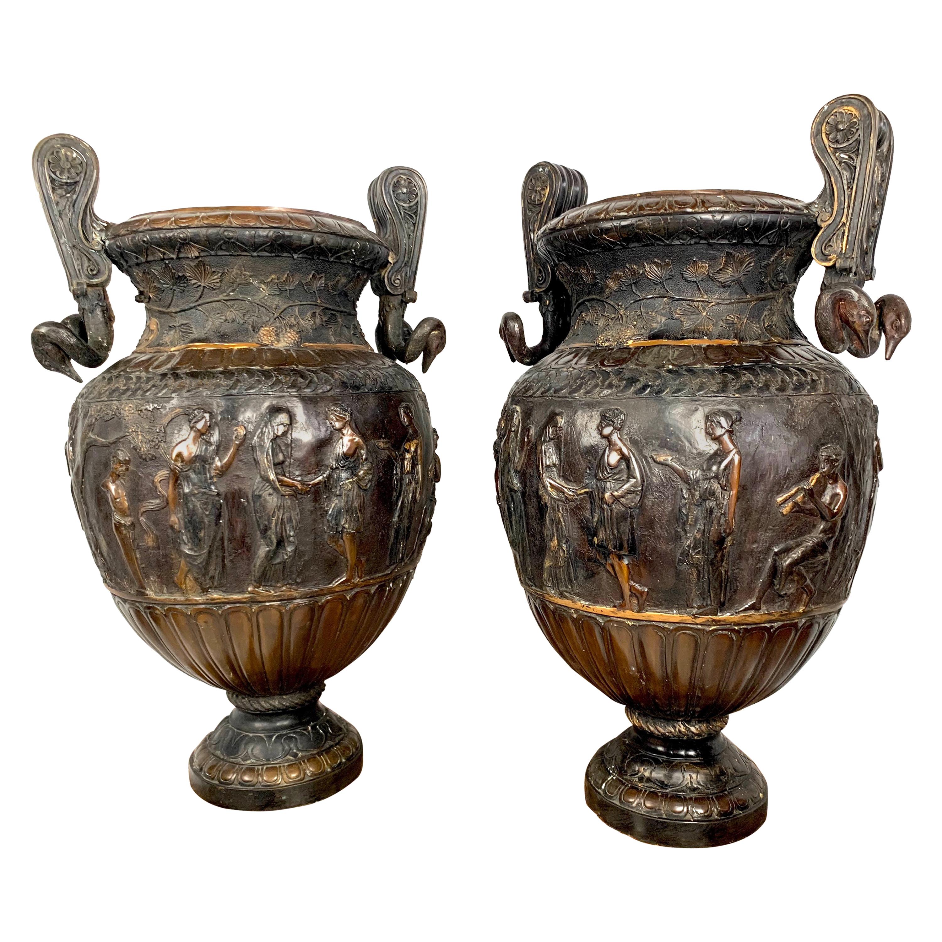 Pair of Cast Bronze Neoclassical Roman Style Urns For Sale