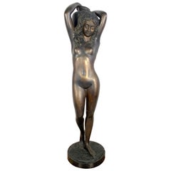 Vintage 20th Century Large Bronze Sculpture of a Nude Young Lady Carrying a Water Urn
