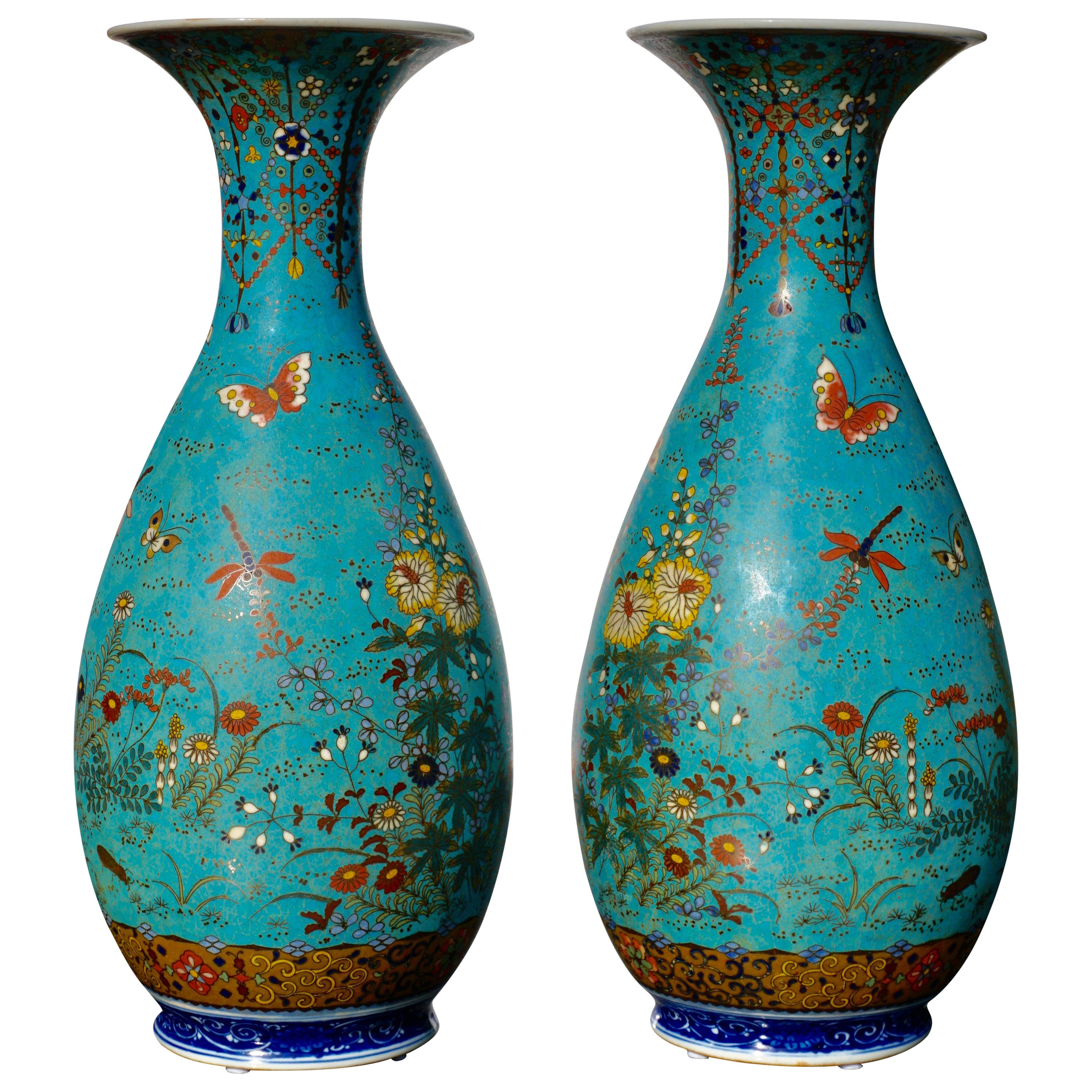 Japanese Meiji Cloisonné Porcelain Shippo Vases
