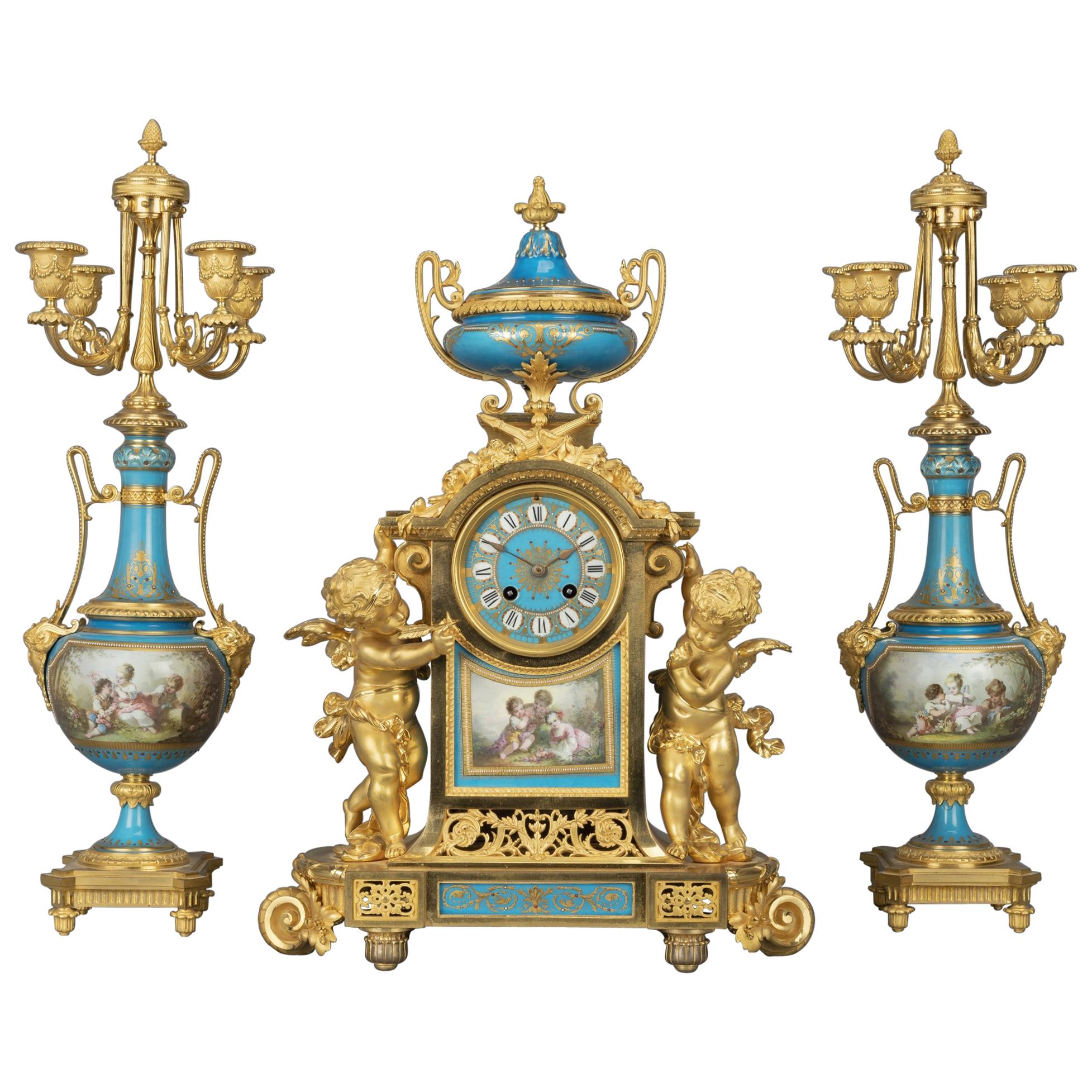 Important Napoléon III Gilt-Bronze and Porcelain Clock Garniture, circa 1870 For Sale