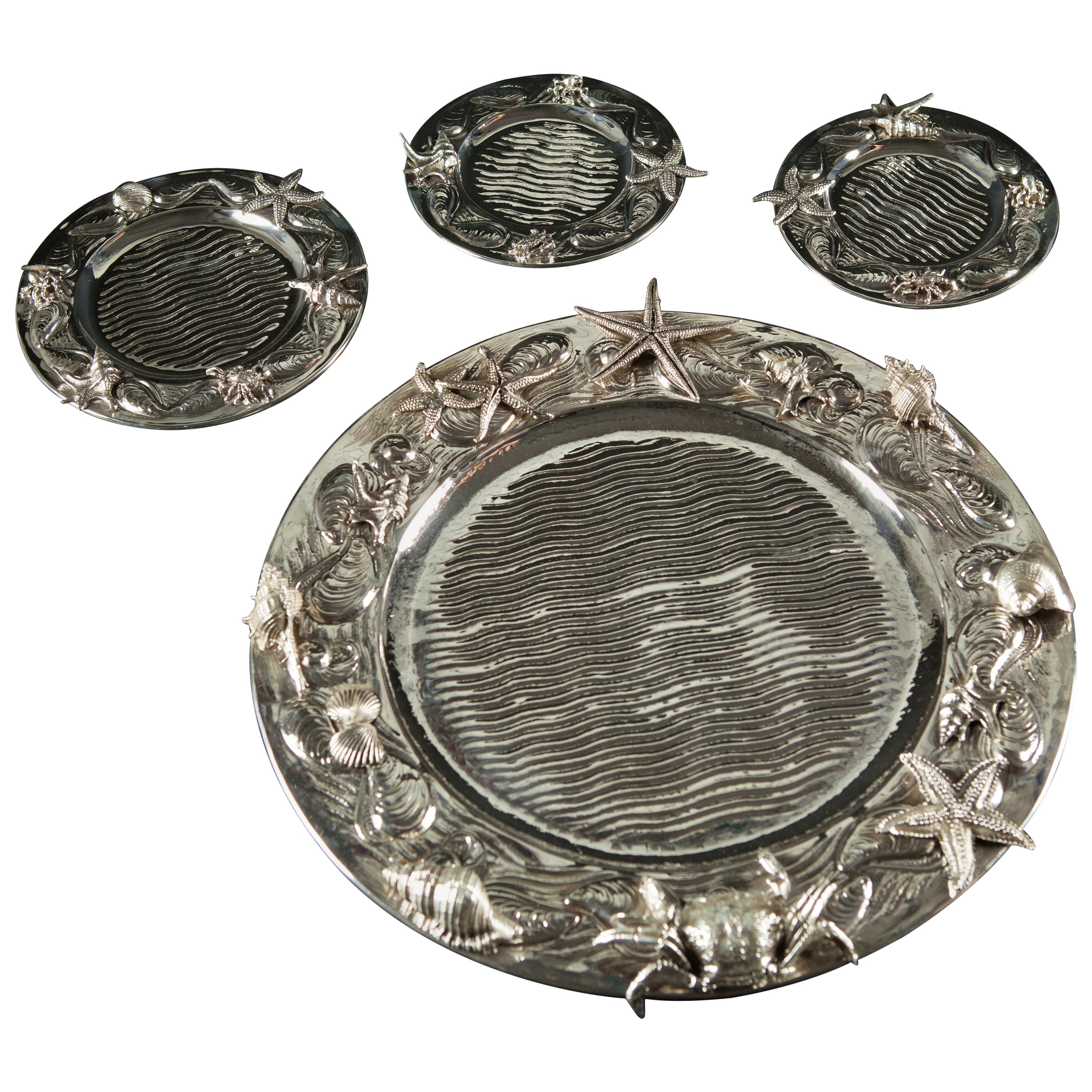 20th Century Set of 36 Engraved Sterling Silver Marine Plates Italy, 1960s For Sale