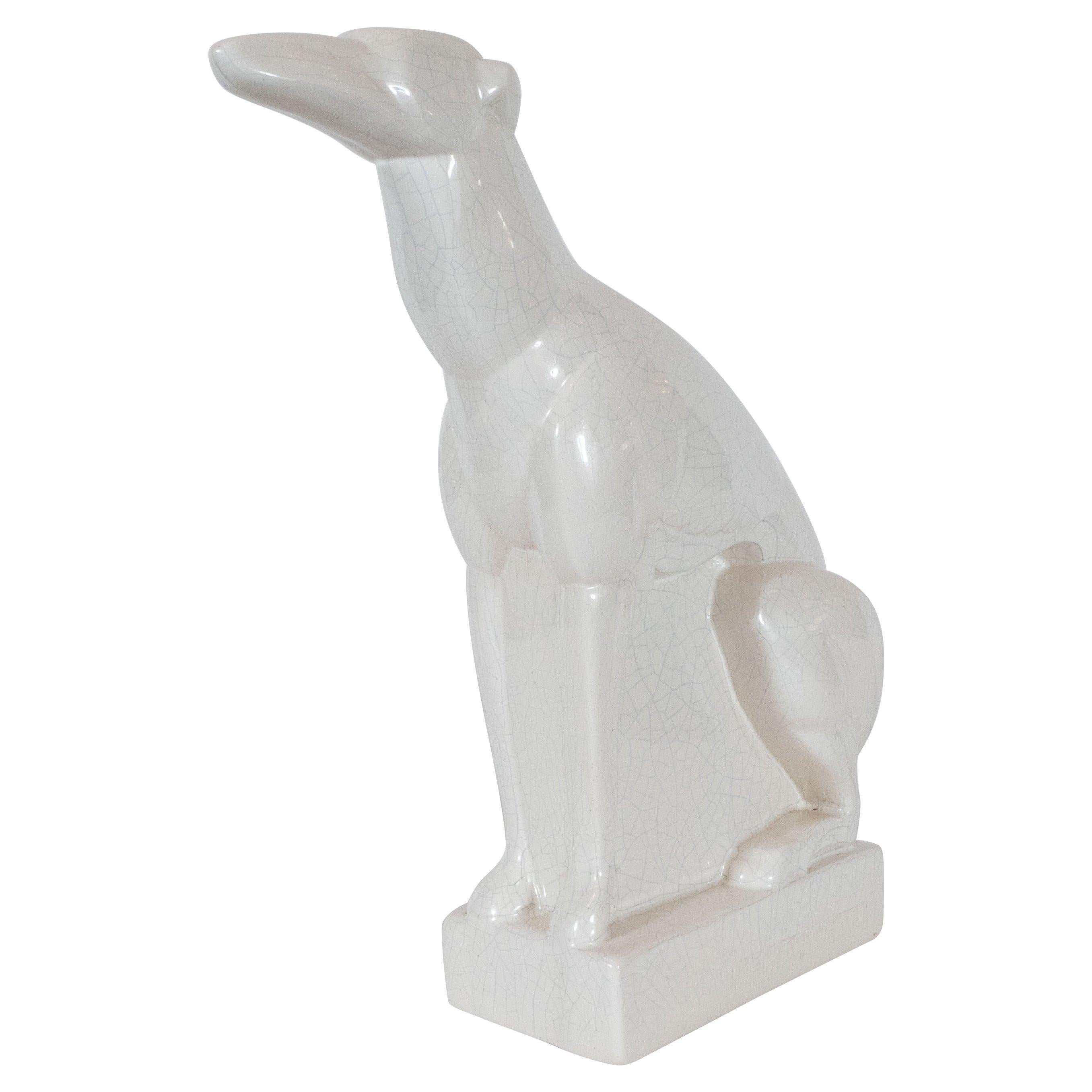 French Art Deco Craqueleur White Ceramic Greyhound Signed by Charles Lemanceau For Sale