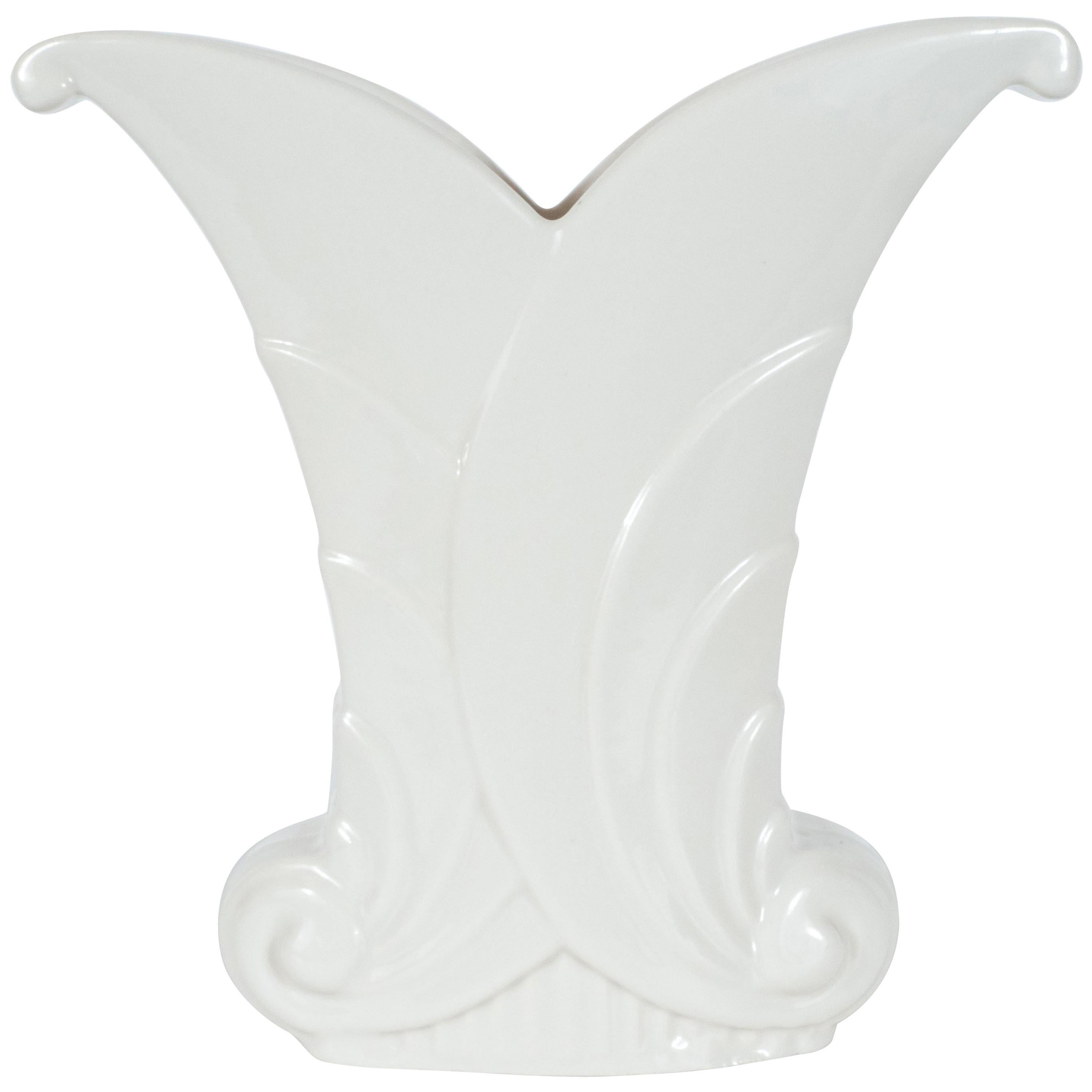 Art Deco Skyscraper Style White Porcelain Scroll Form Vase by Abingdon
