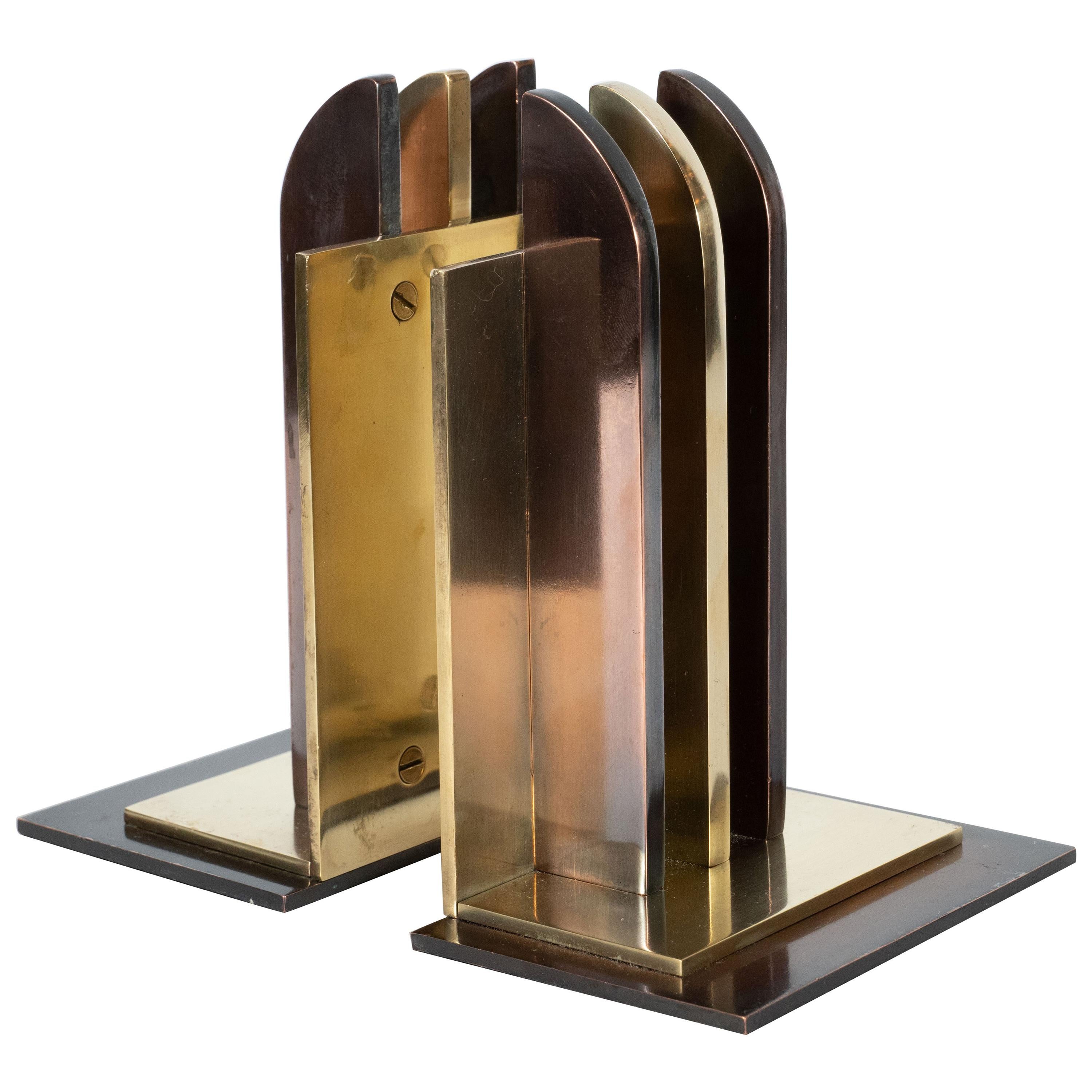 Art Deco Streamlined Copper & Brass Bookends by Walter Von Nessen for Chase Co.