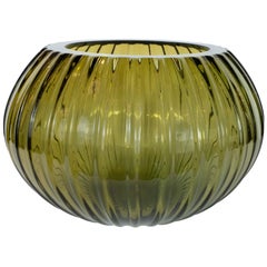 Modernist Hand Blown Murano Ribbed Smoked Emerald Glass Decorative Bowl