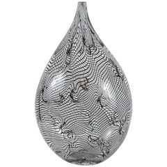 Modernist Hand Blown Murano Translucent Tear Drop Vase with Black Swirl Details