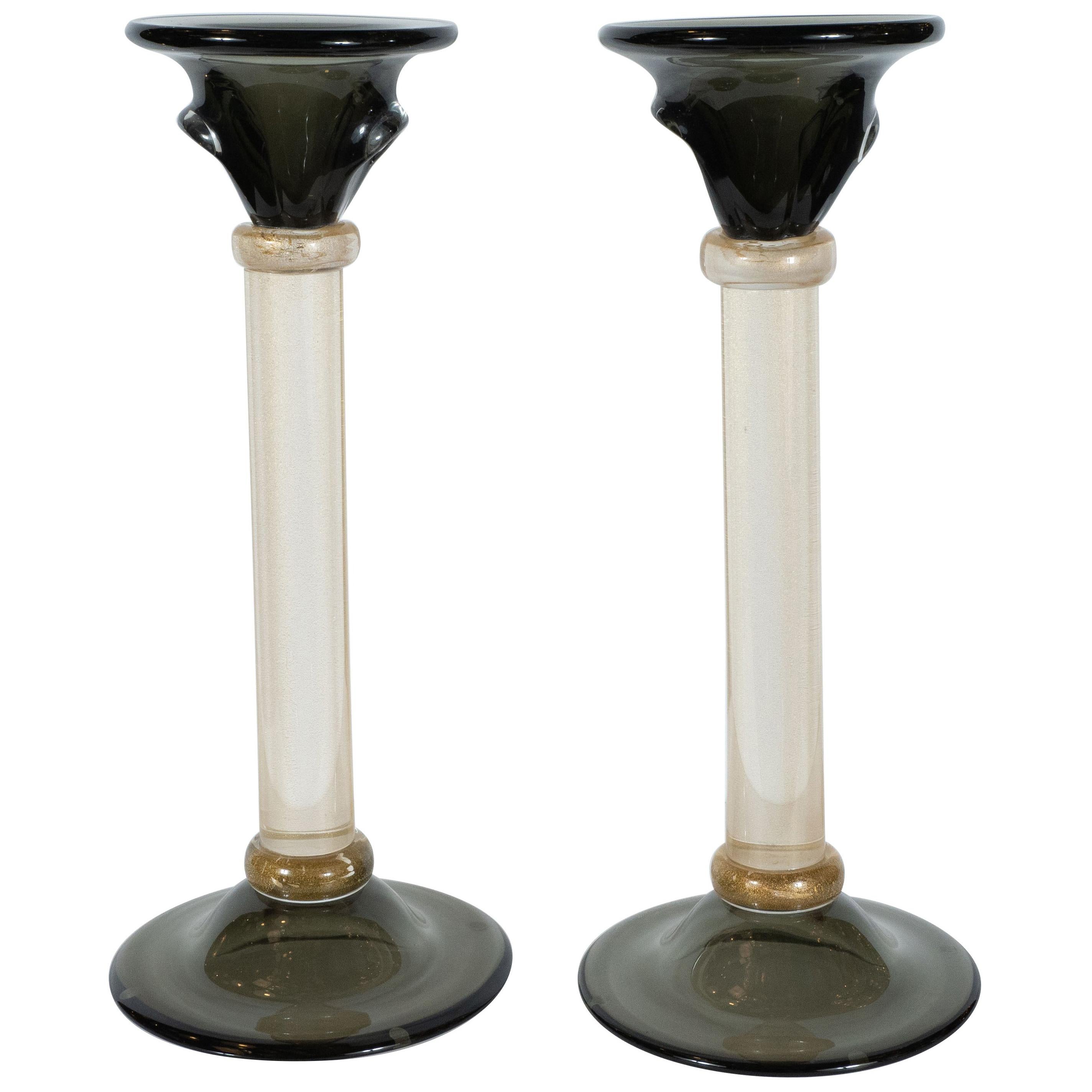 Pair of Modernist Handblown Murano Smoked Glass Candlesticks with 24-Karat Gold For Sale
