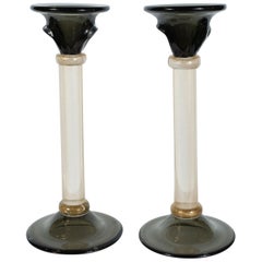 Pair of Modernist Handblown Murano Smoked Glass Candlesticks with 24-Karat Gold