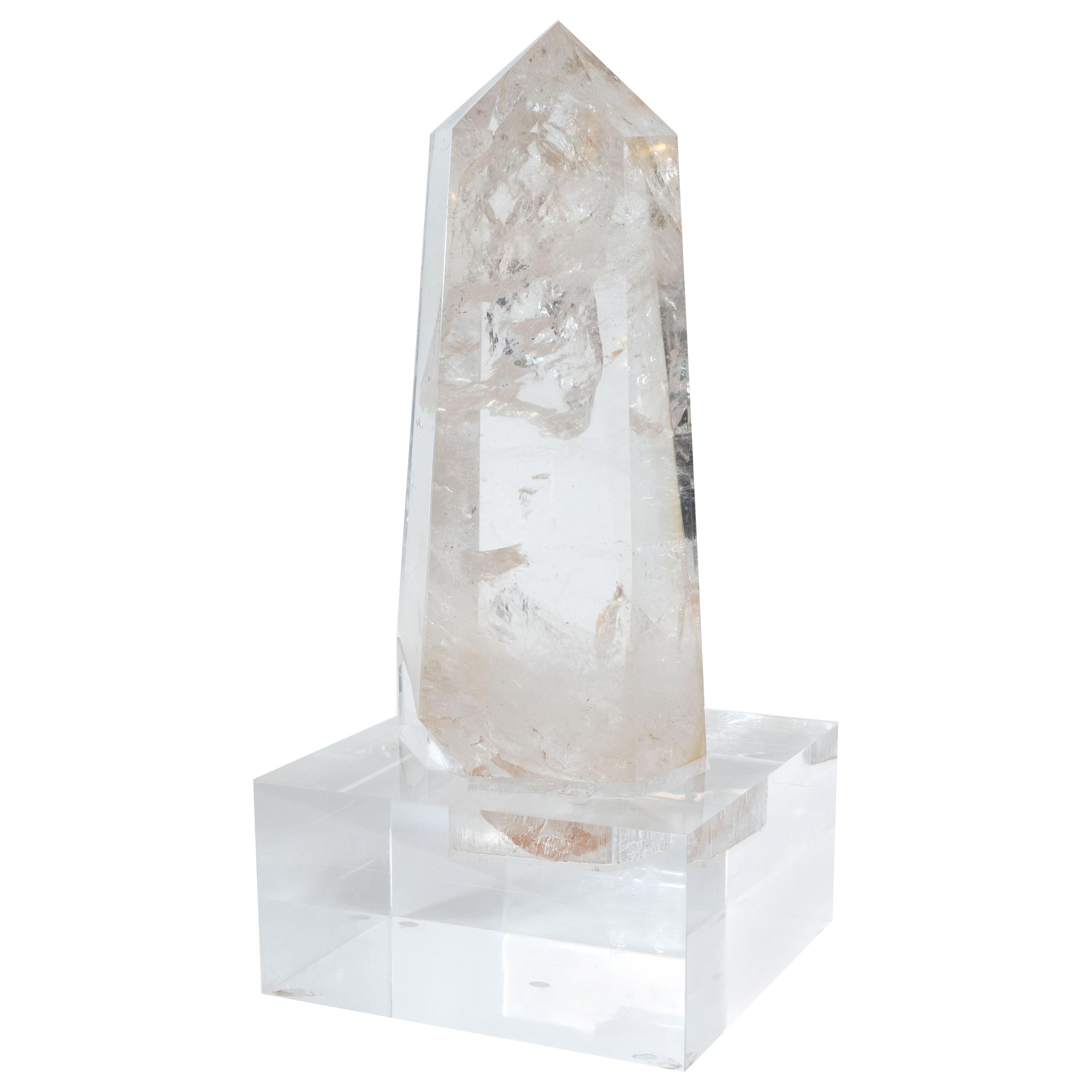 Modernist Faceted Translucent Rock Crystal Obelisk on Volumetric Lucite Base