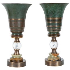 Pair of Art Deco Skyscraper Urn Form Patinated Bronze, Brass & Marble Uplights