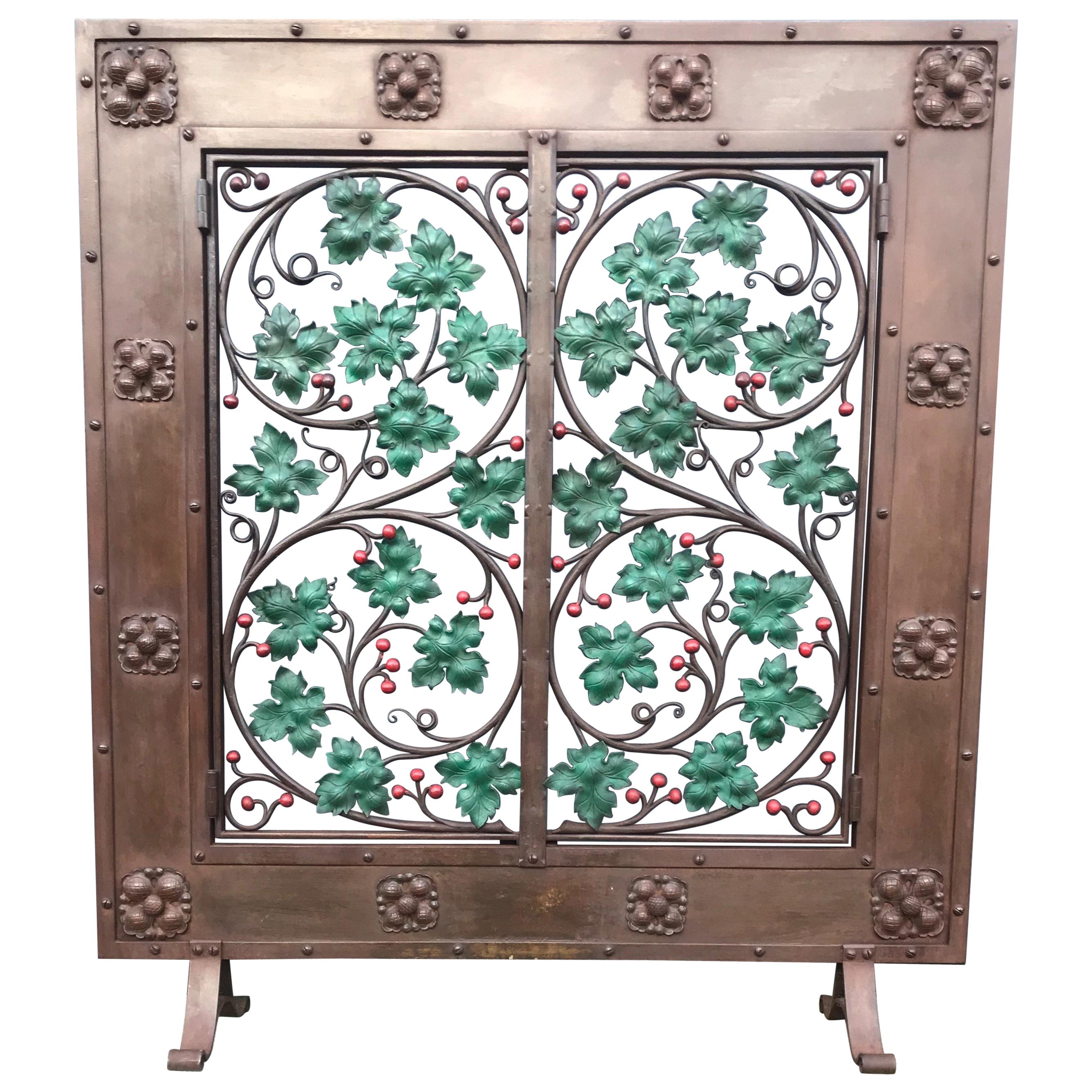 Early 20th Century Handcrafted Wrought Iron Firescreen with Branch & Leaf Decor