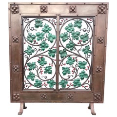 Antique Early 20th Century Handcrafted Wrought Iron Firescreen with Branch & Leaf Decor