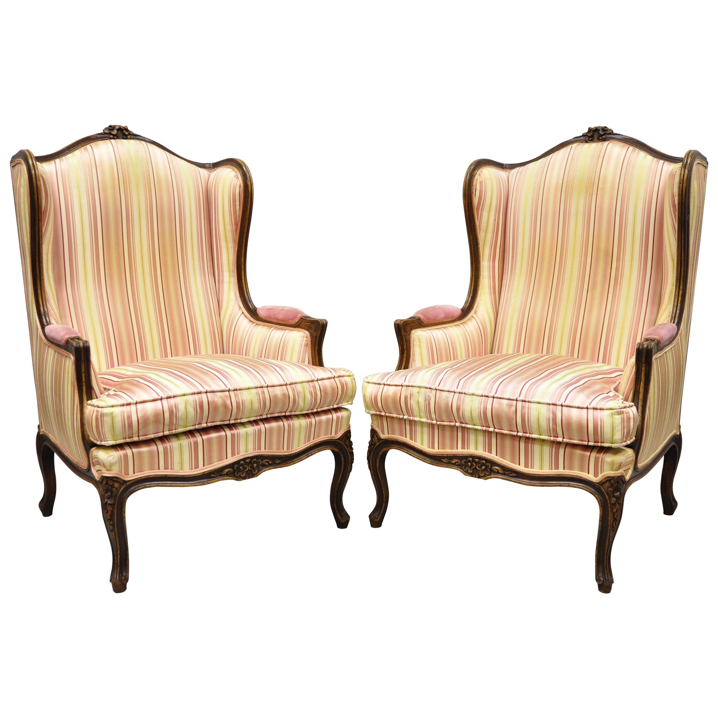 Pair of Vintage French Louis XV Style Wingback Bergere Armchairs, W & J Sloane For Sale