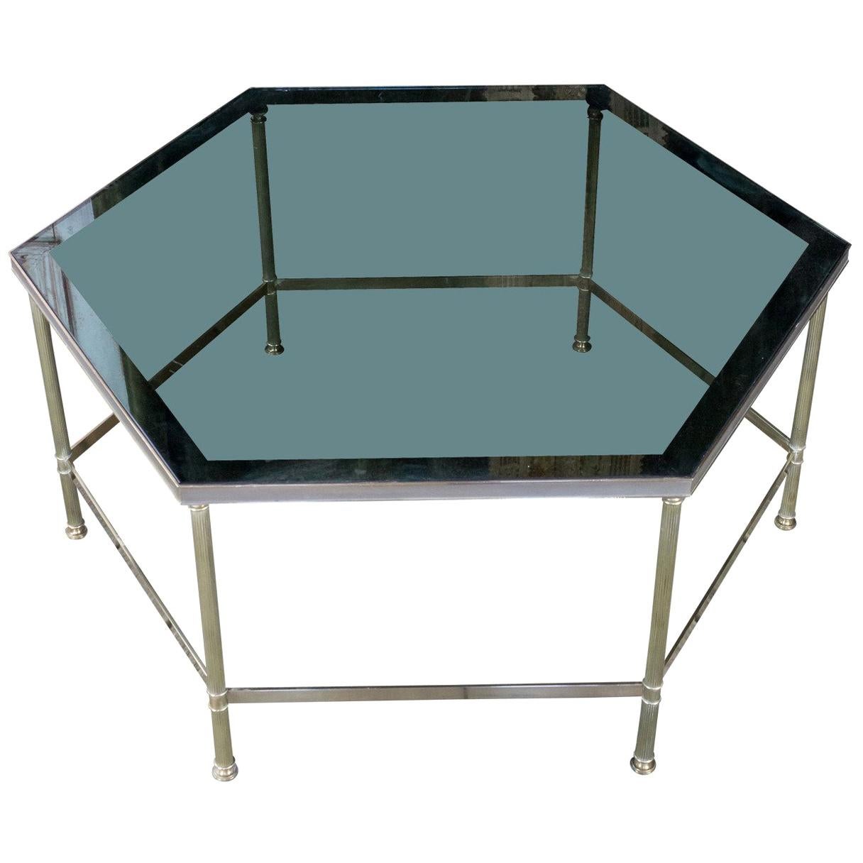 French 1970s Hexagonal Brass Coffee Table with Grey Glass For Sale