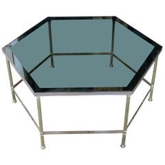 French 1970s Hexagonal Brass Coffee Table with Grey Glass