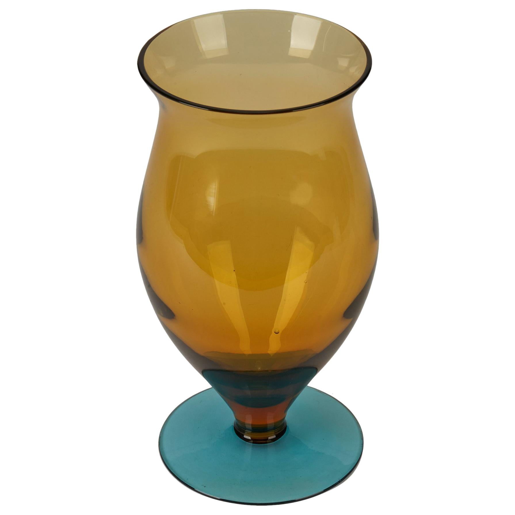 Vintage Hand Blown Two-Tone Pedestal Glass Vase, 20th Century