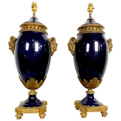 Vintage Pair of French 20th Century Louis XVI Style Blue Sèvres Porcelain Lamps