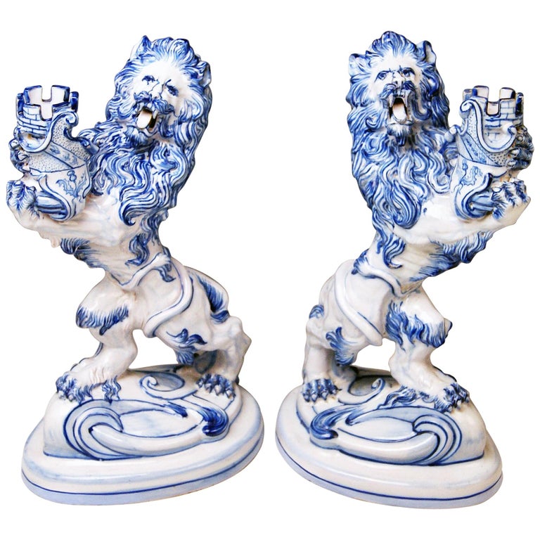 Pair of Galle Nancy St. Clement Faience Walking & Roaring Lions Gallé circa 1892 For Sale