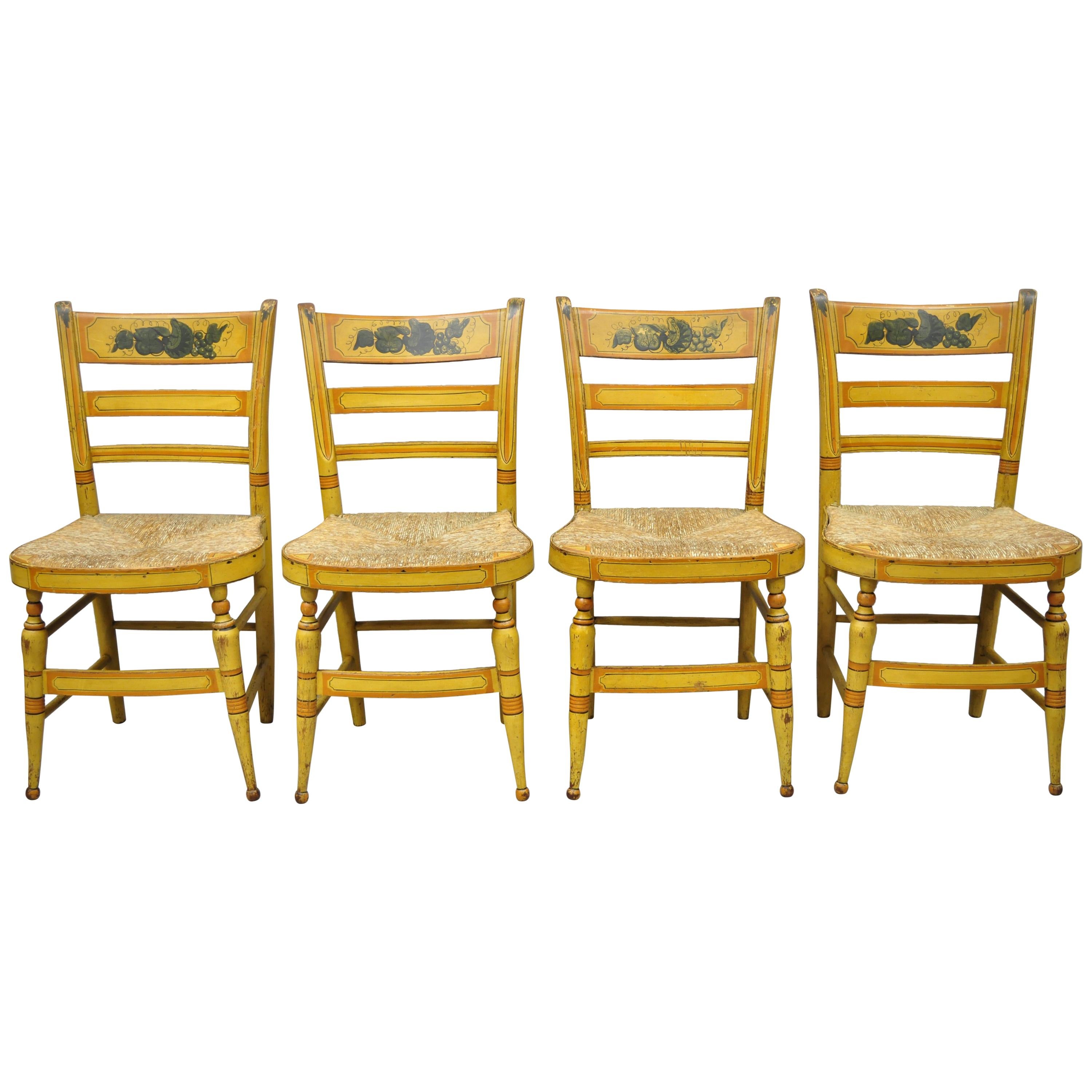 4 19th Century Bentwood Slat Back Rush Seat Yellow Paint Stenciled Dining Chairs