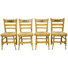 4 19th Century Bentwood Slat Back Rush Seat Yellow Paint Stenciled Dining Chairs
