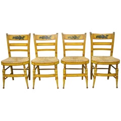 Antique 4 19th Century Bentwood Slat Back Rush Seat Yellow Paint Stenciled Dining Chairs