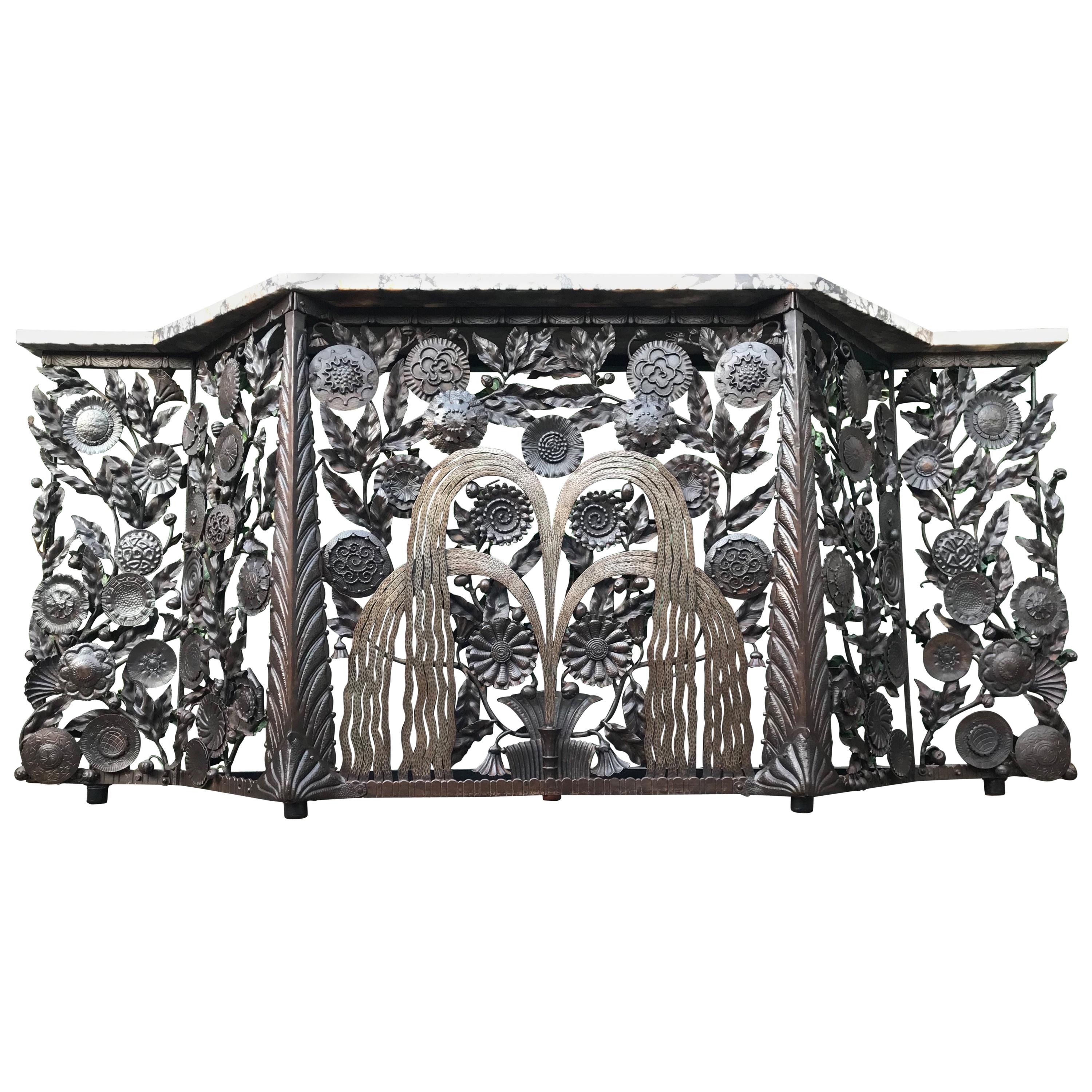 Monumental Wrought Iron Fountain, Flowers and Palm Leaf Art Deco Console Table  