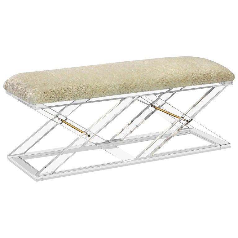 Contemporary X Based Lucite Bench Upholstered In Italian Sheep