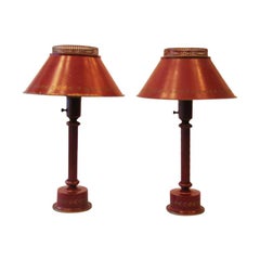 Retro Classic Pair of French Red Painted Tole ‘Tin’ Table Lamps, France, circa 1930